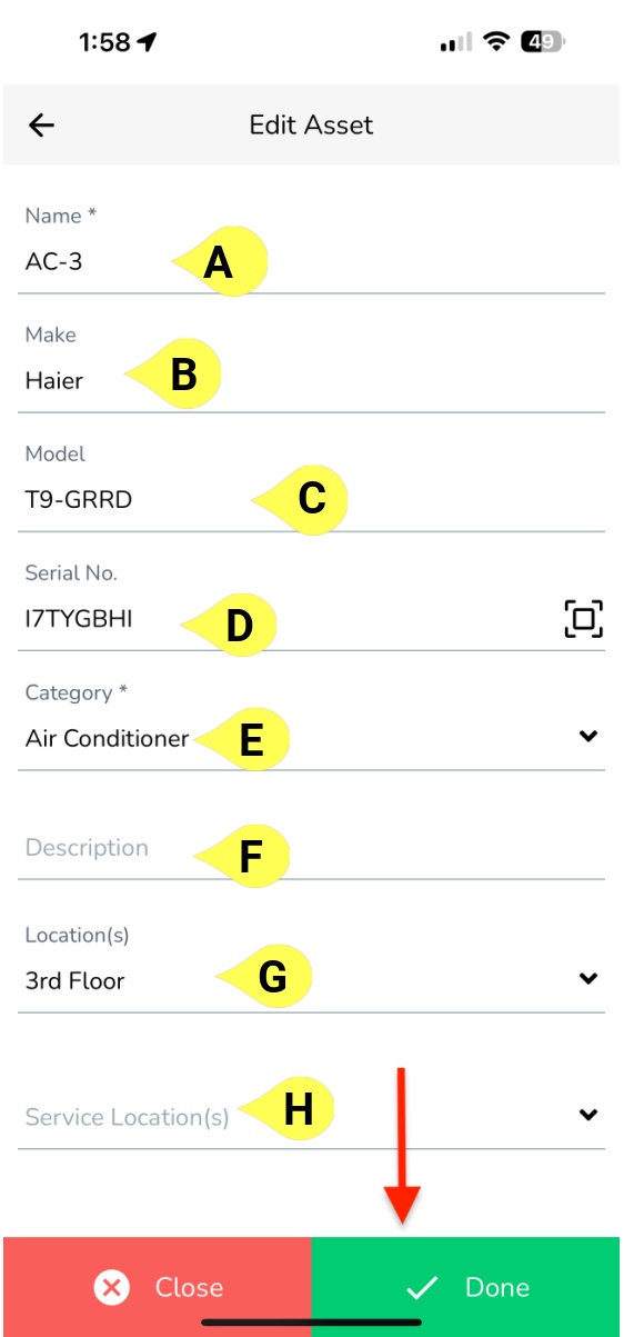 This will bring up the Edit Asset screen. Make your edits by changing the necessary fields. Tap Done when you…