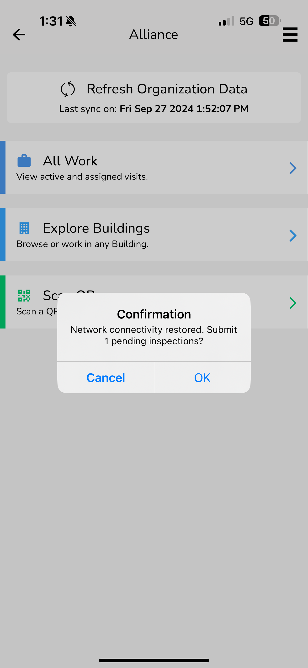 When you are back online, the App will prompt you to submit any pending inspections. Clicking “OK” will…