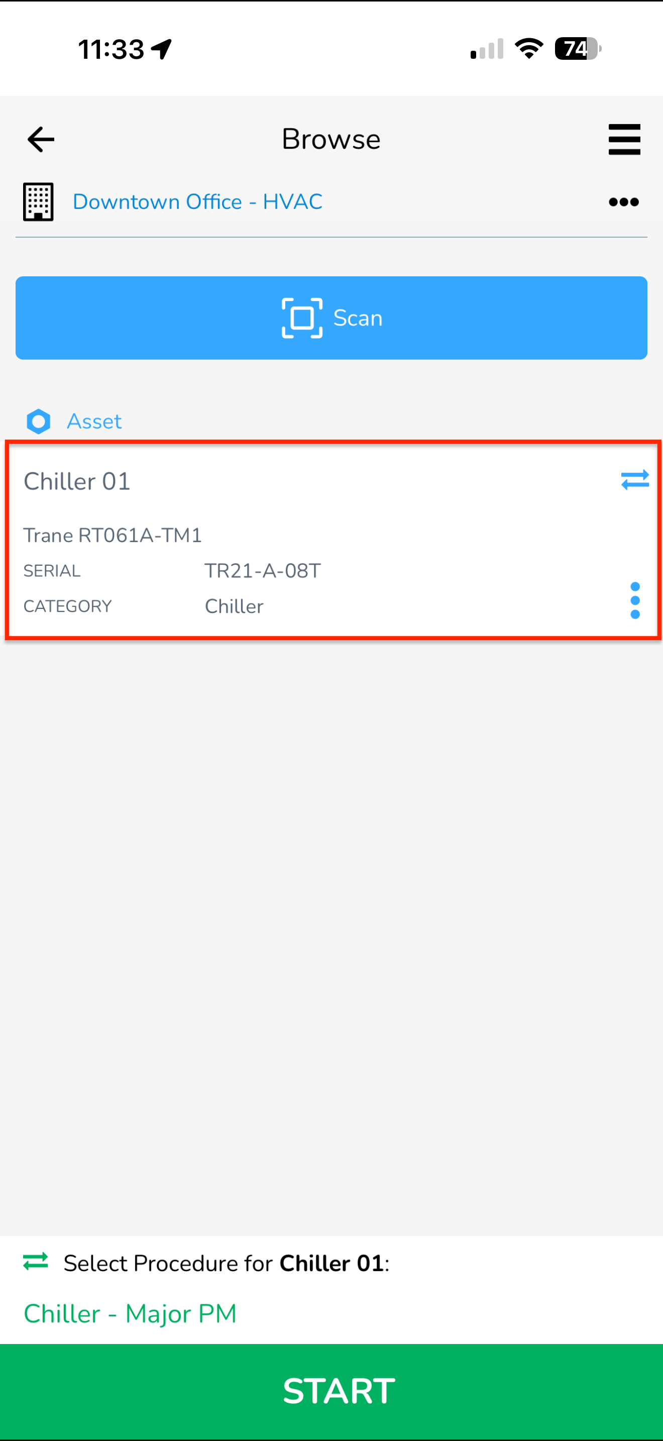 (Optional) Use the Scan button to scan an asset QR code instead of selecting it manually.