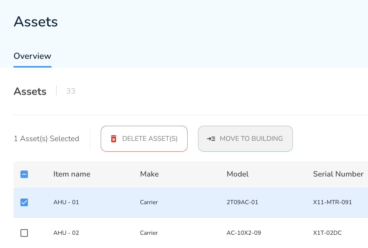 Moving assets is a two-step process. First, select the parent assets you want to move, then click the "Move…