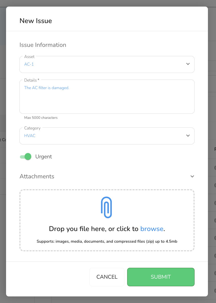 - To add a new service request, click on the +Add Issue button.