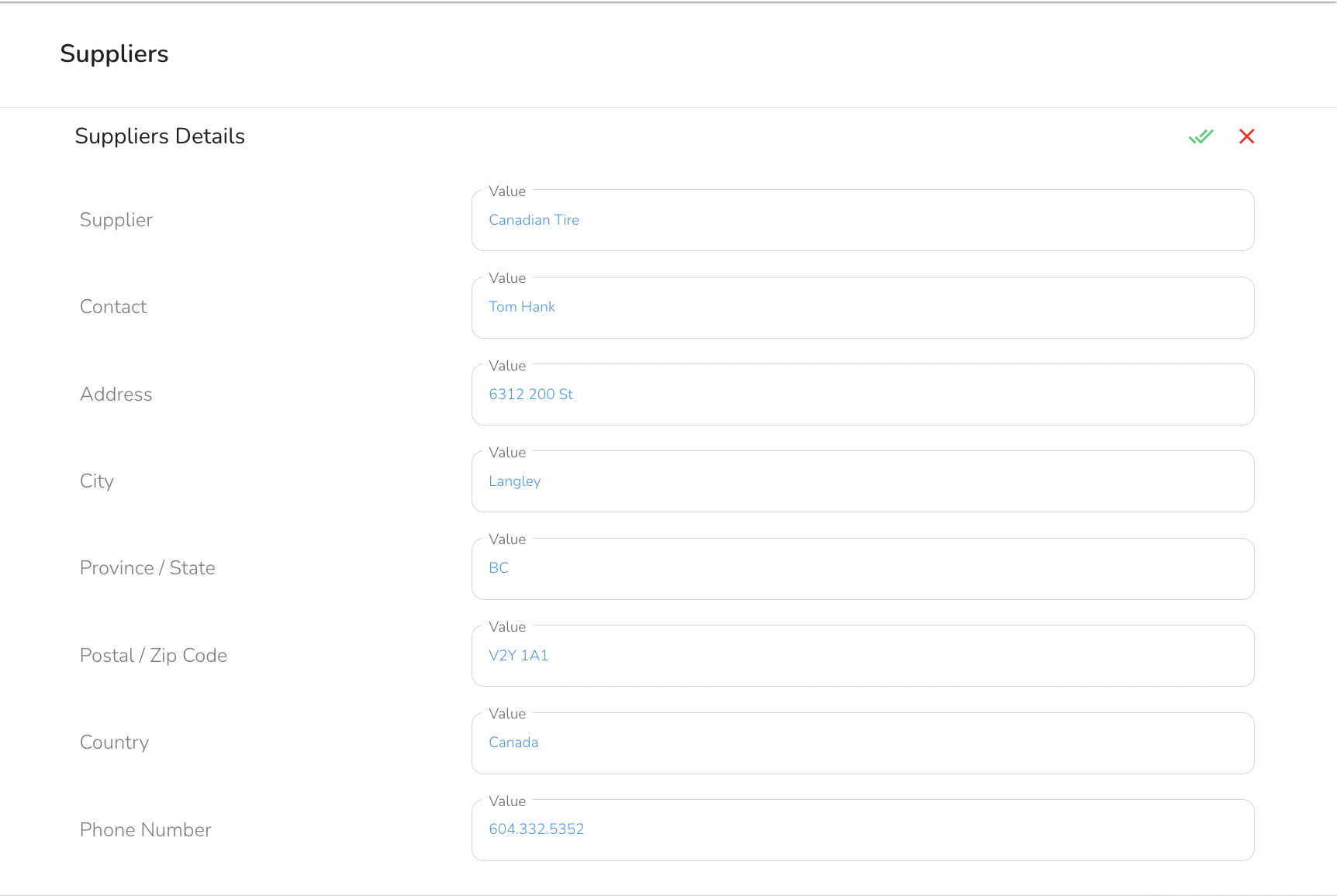 Fill out the form presented to you and fill out the Supplier details. Click on the green checkmark when done.
