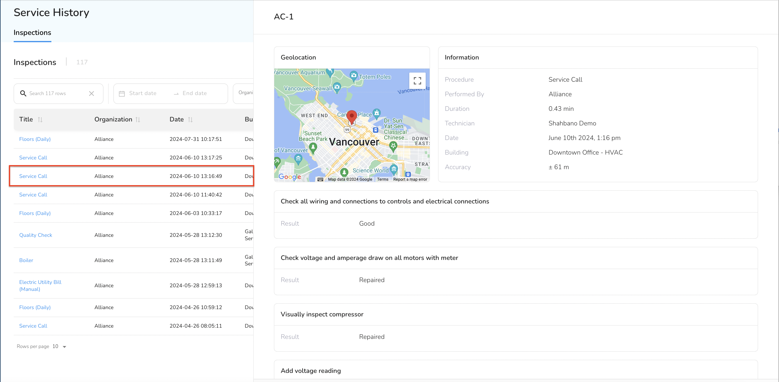 Simply click anywhere in a row of an inspection to view it.