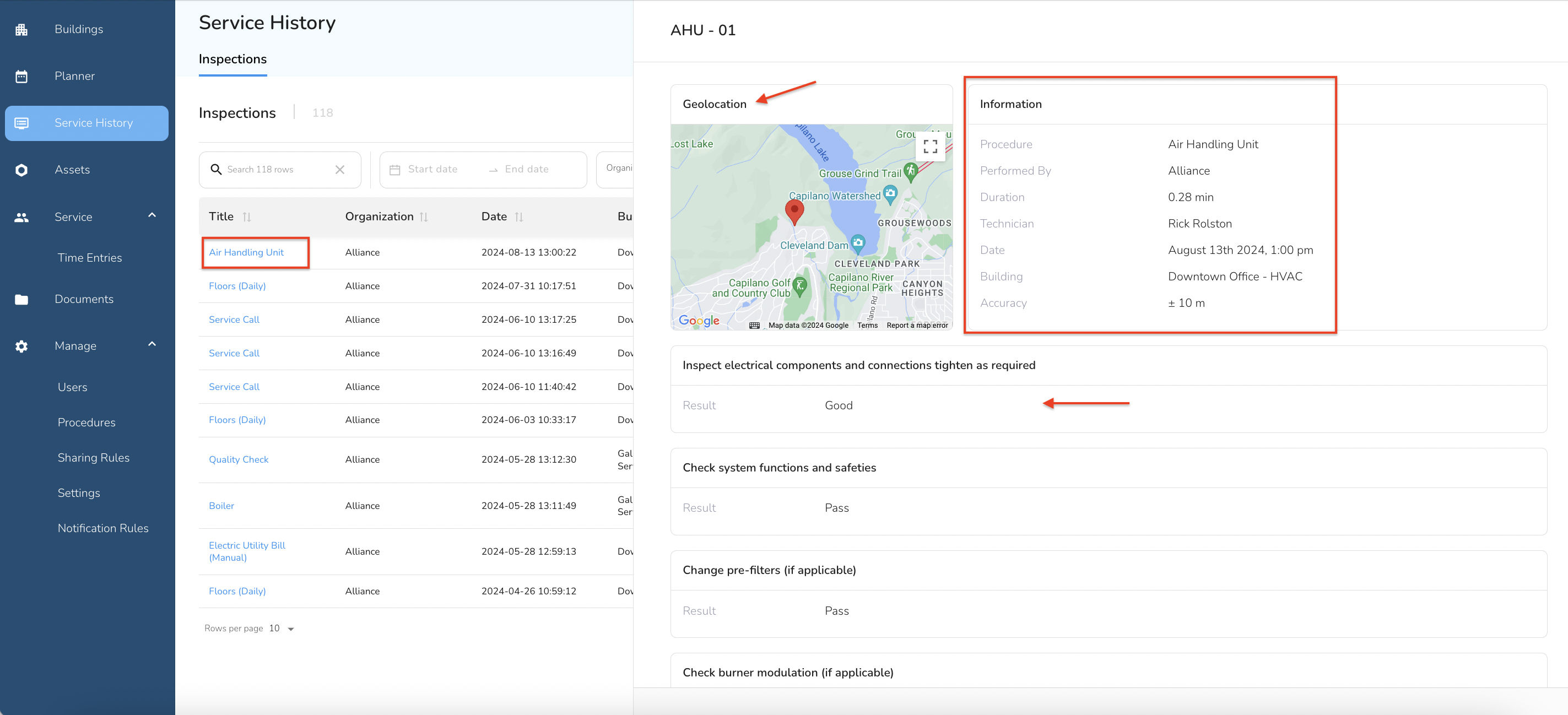 Geolocation is only captured if the technician has location services enabled on their device.