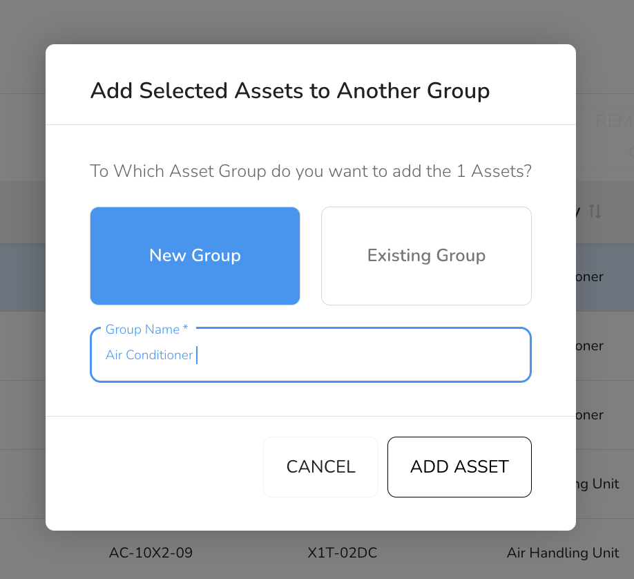 - Enter a name and any required details to create the new asset group.