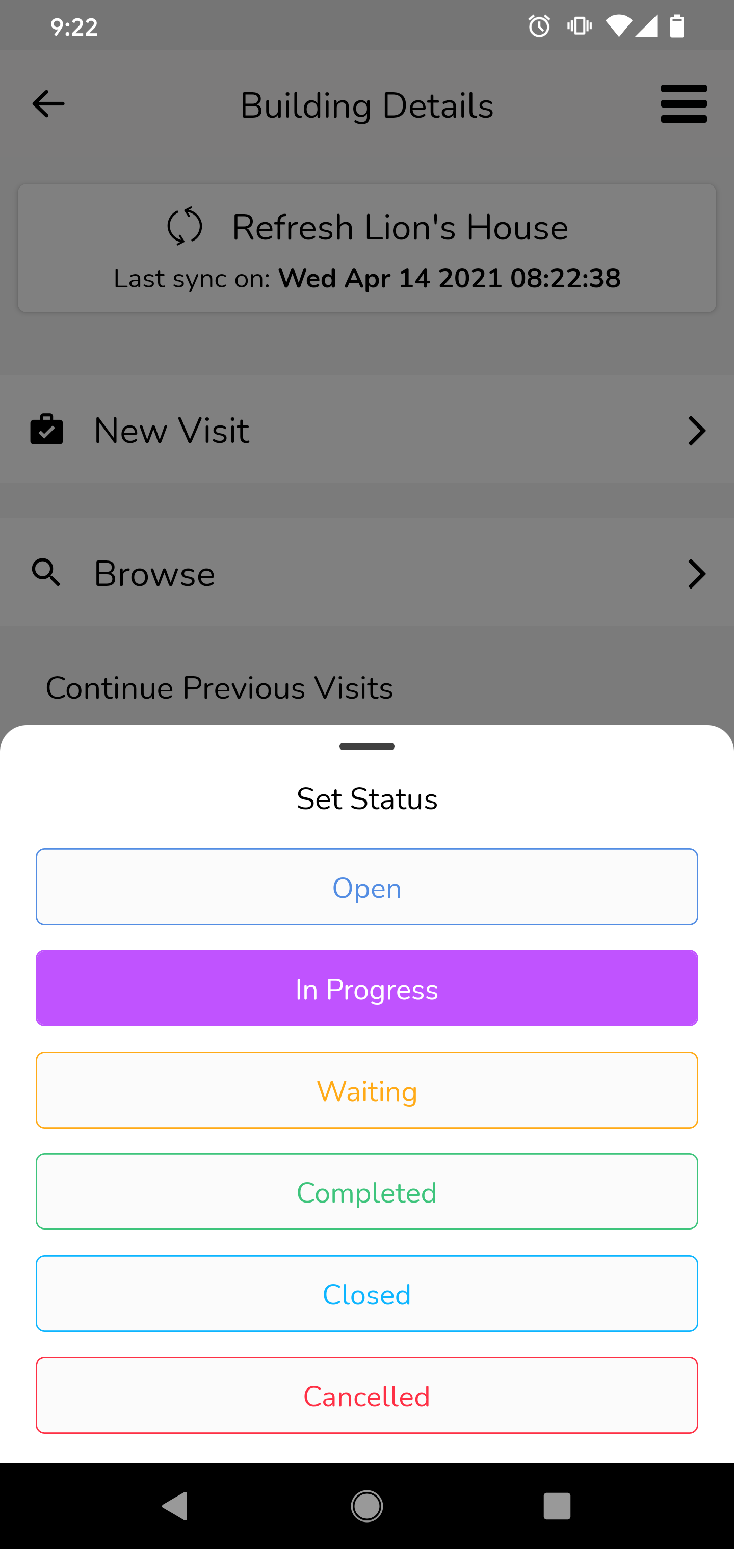 G - Status - Tap this button to change the status of the visit. You will see a list of statuses pop-up, like…