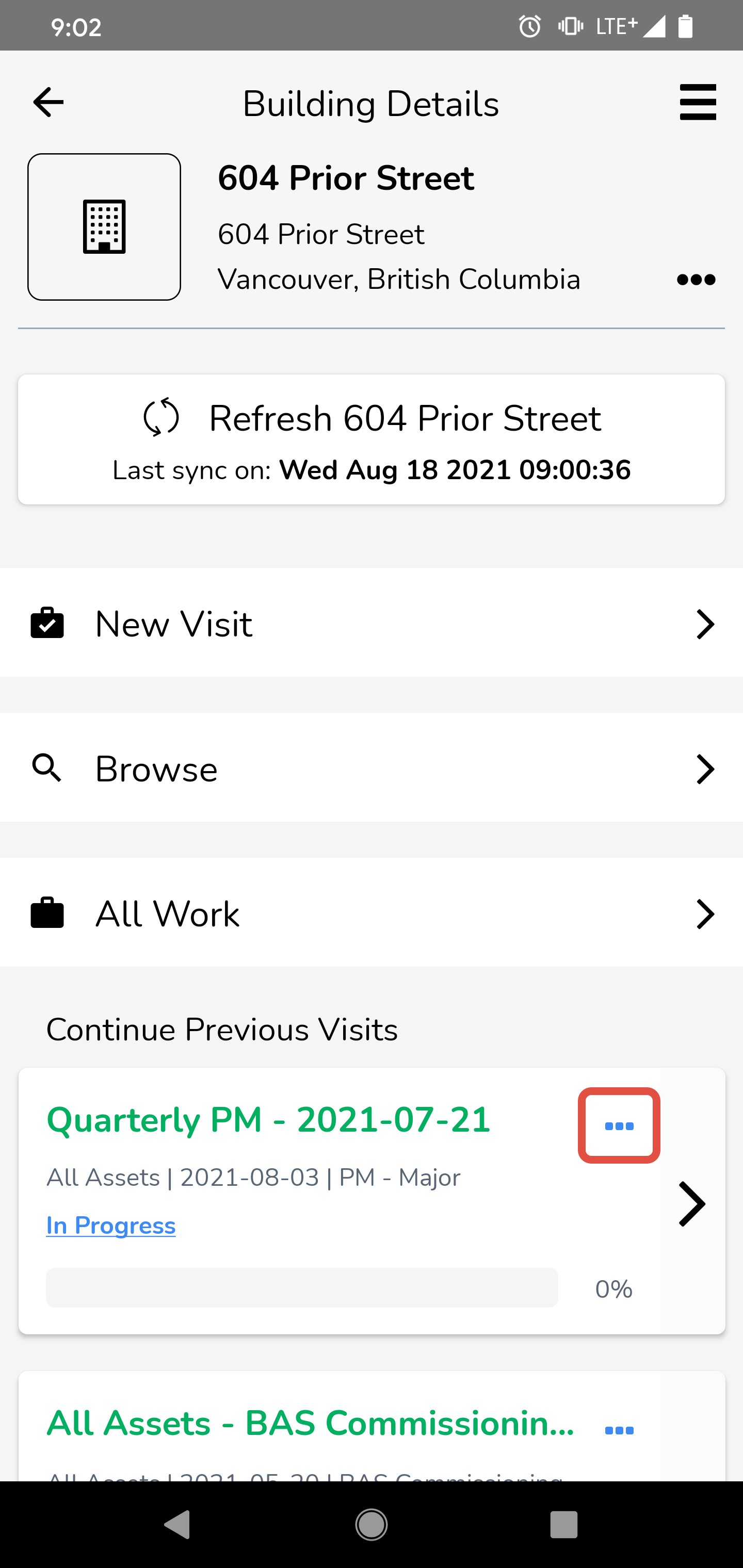 From the Building Details screen, if you have any visits that haven't been completed, you will see a Continue…