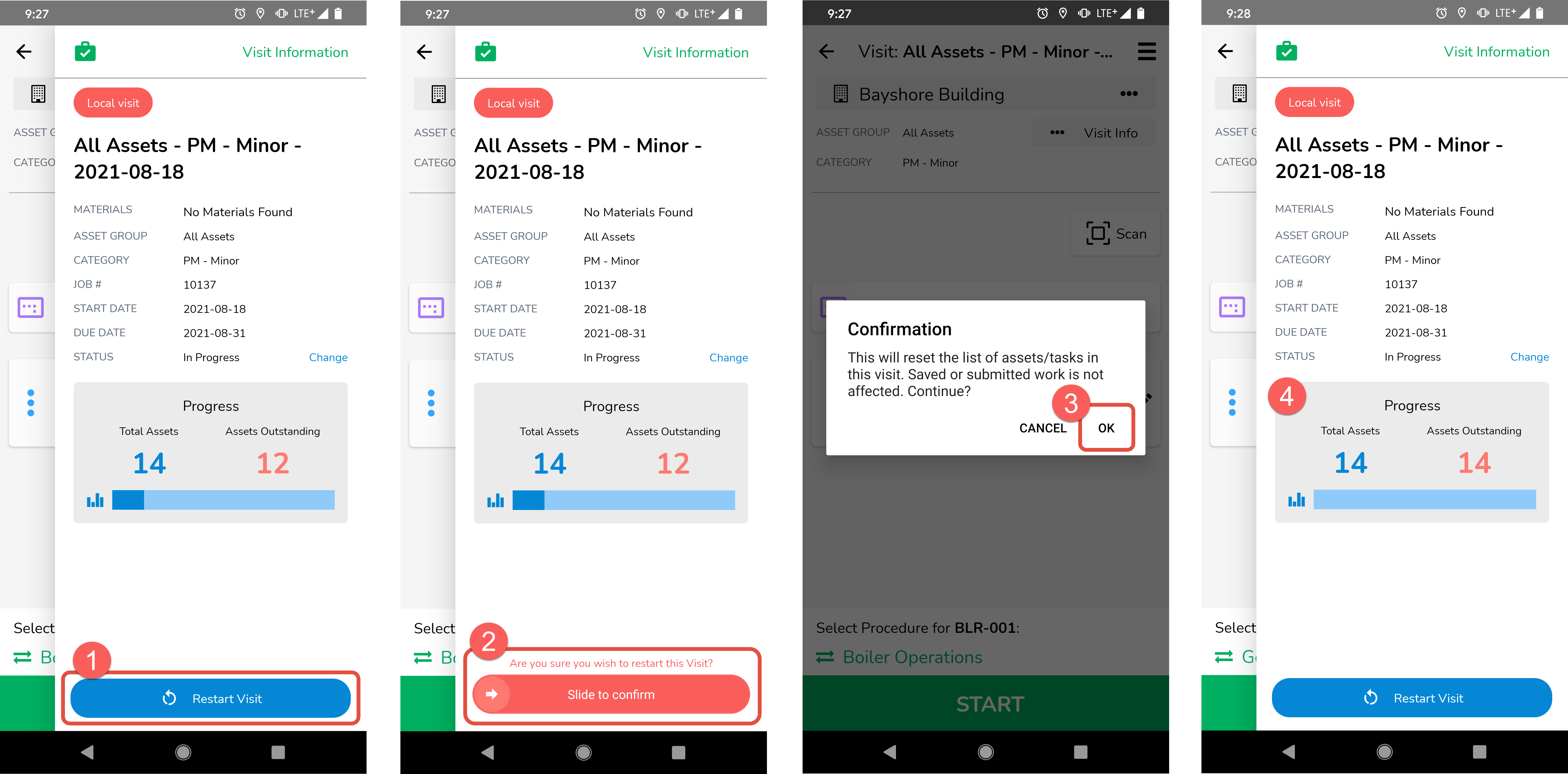The screenshot below shows the steps to take to restart a visit.