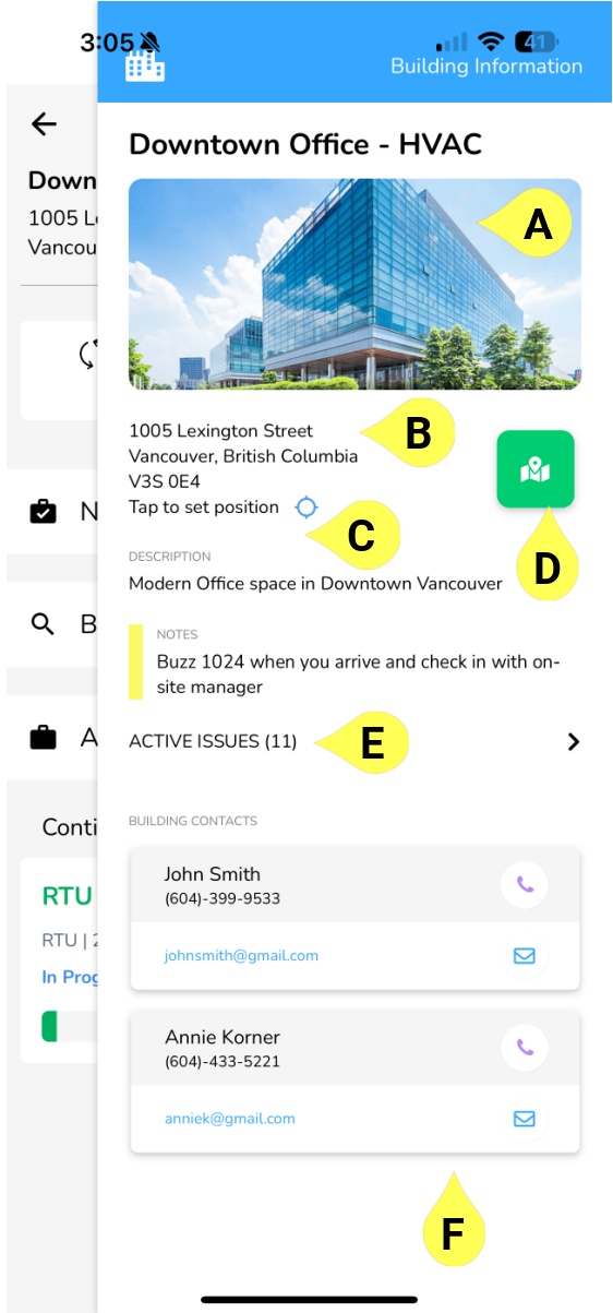 The building information slide out shows the following information: