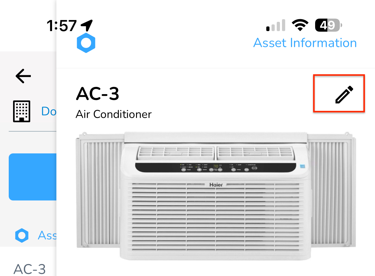 Tap on the pencil icon on the more information slide out of an asset.
