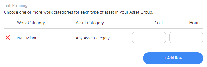 In the Task Planning section, you will see one row defaulted to "PM Minor" and "Any Asset Category", in the…