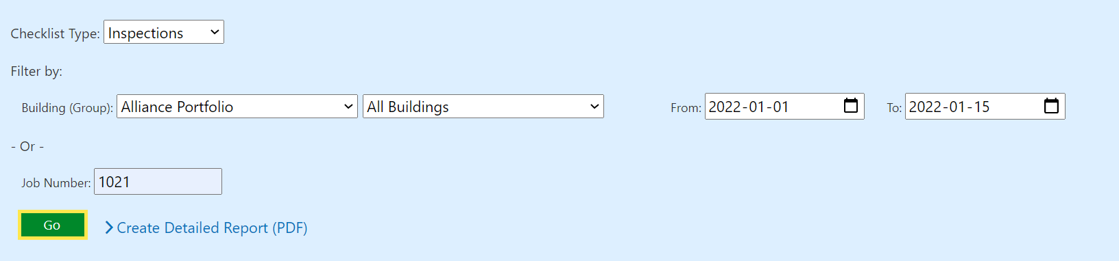 Inspections can be filtered by Building, Date Range, or by Job Number. Enter your filters and click on Go.