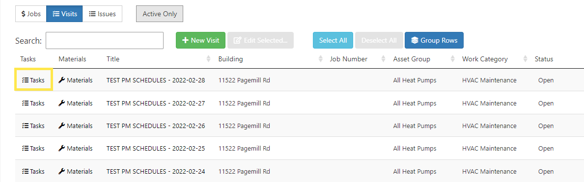 After a Visit has been created, click on Tasks in the left-most column.