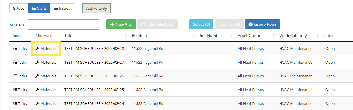 Locate the Visit you want to add Materials to and click on Materials under the Materials column.