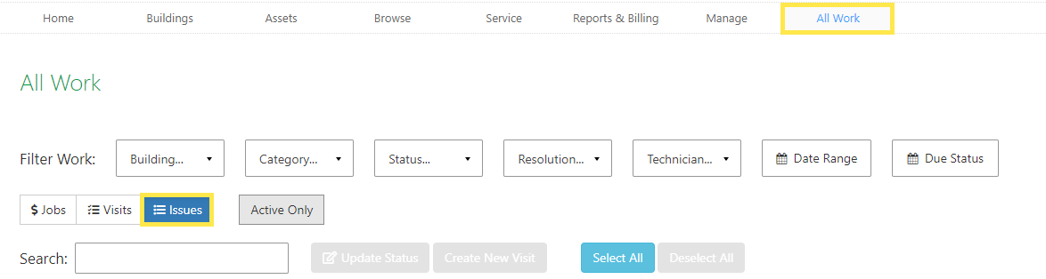 All of your Organization's Assets Issues are found on the Issues tab on the All Work page.
