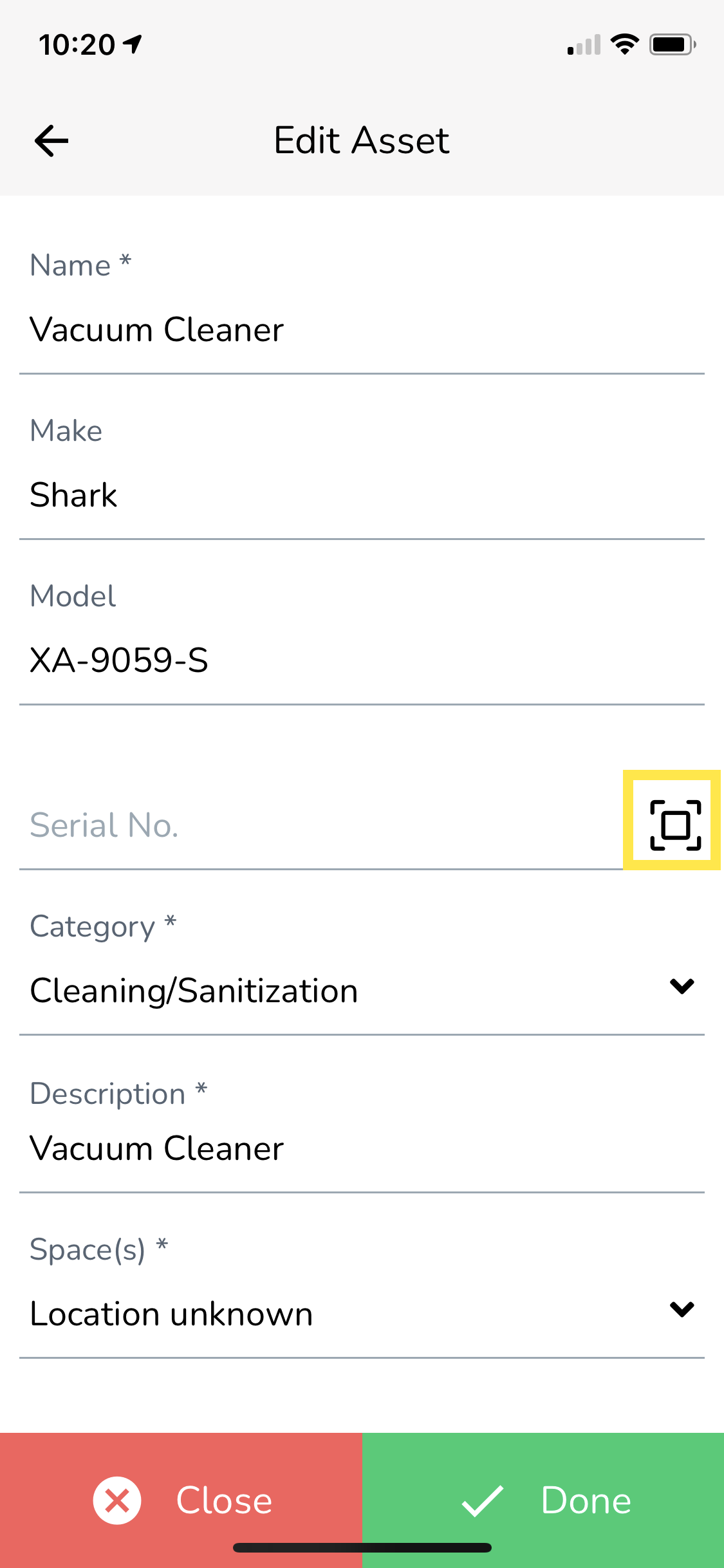 Tap on the Scan icon next to the Serial No. field.
