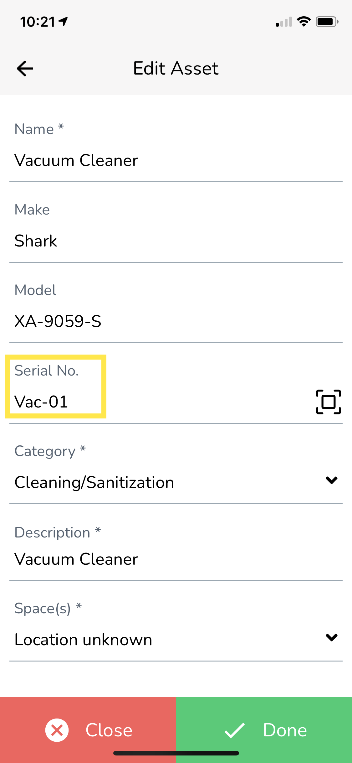 Scan the barcode using the phone camera. Once scanned, the serial number of the Asset will be automatically…