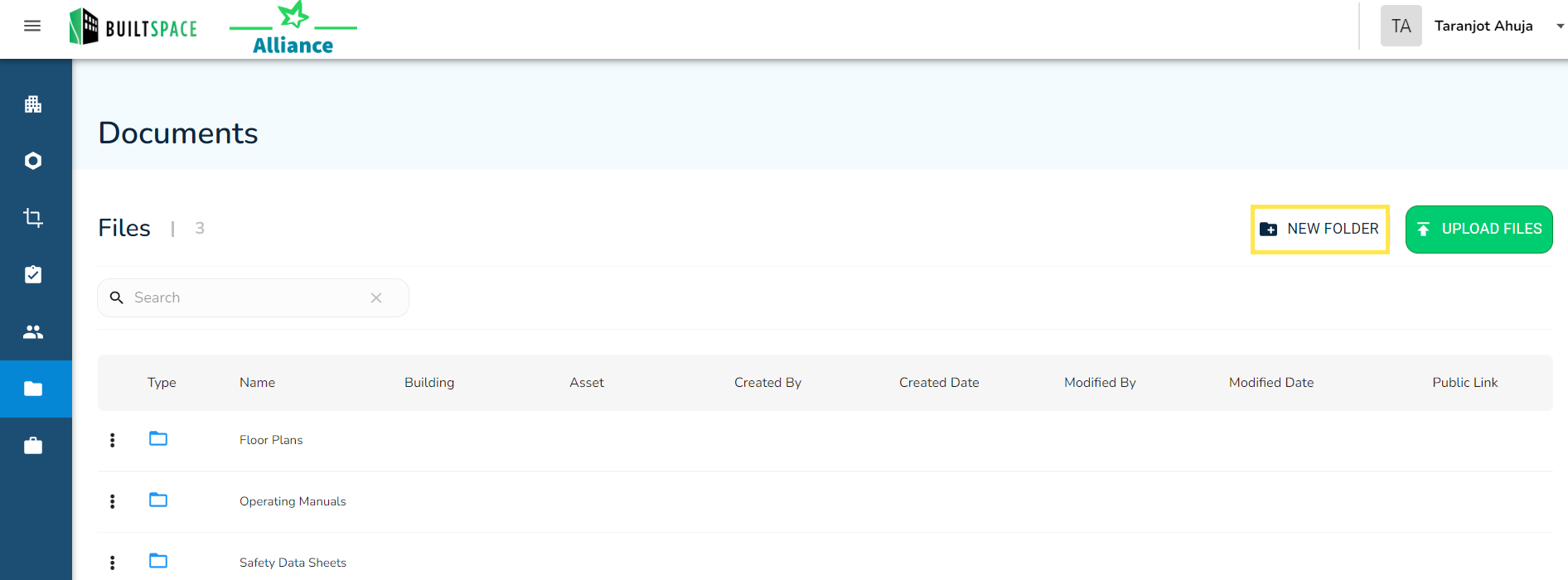 From the Documents page click on the New Folder in the top-right corner.