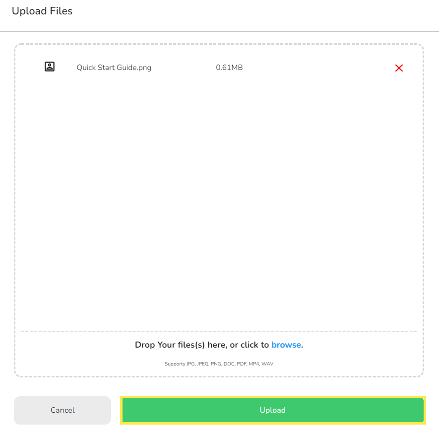 Select a single file or multiple files and click on Upload when done.