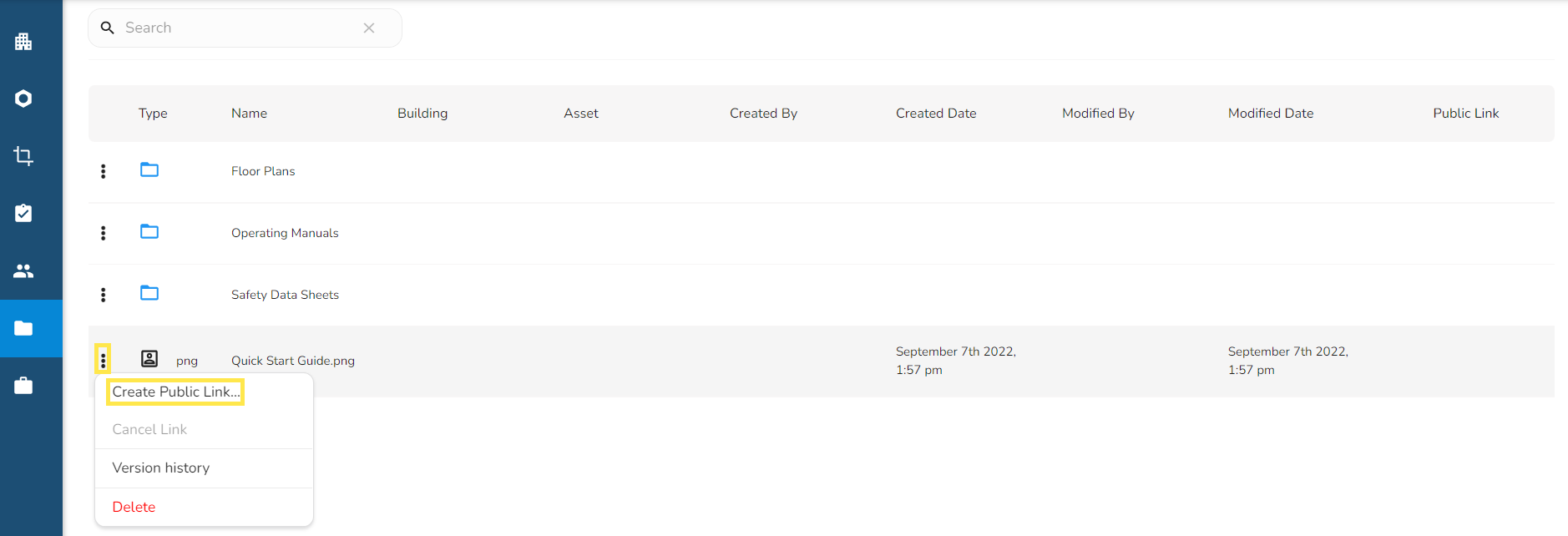 On any file, click on the three vertical dots and select Create Public Link.