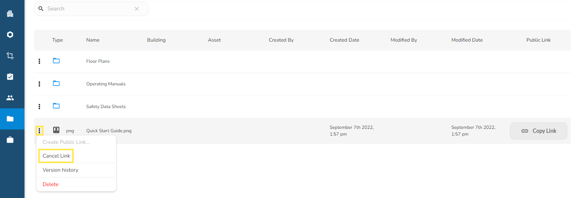 To cancel a Public Link, click on the three vertical dots again and select Cancel Link.