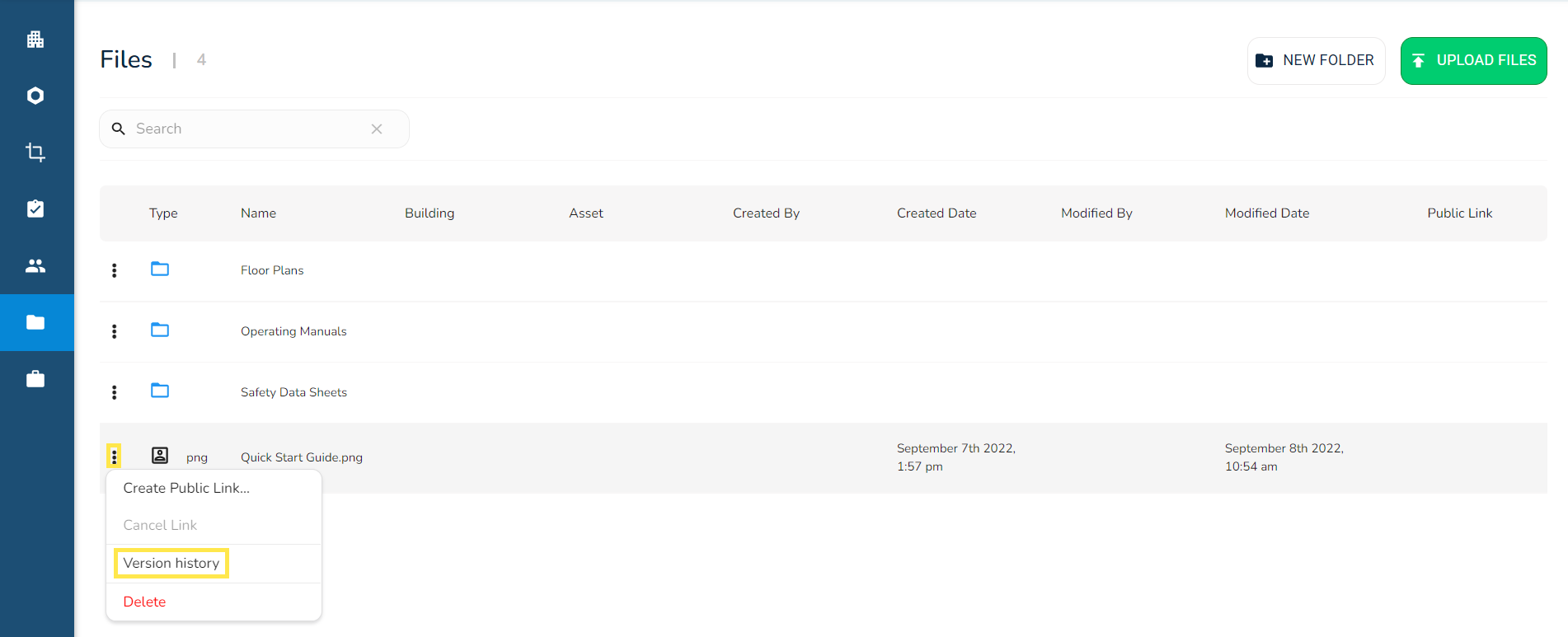 On the Documents page, click on the three vertical dots of the file and click on Version History.