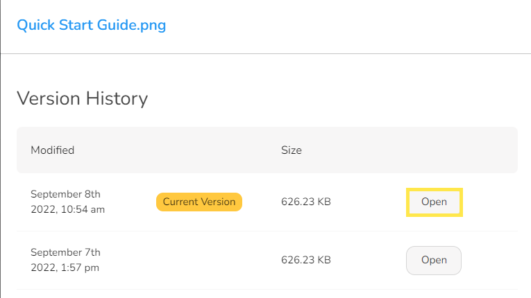 A slide-out panel will open displaying the Version History. By clicking on Open, the file will either be…