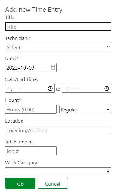 To add a new Time Entry, click the New Time Entry button at the top and fill out the following form: