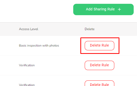 From the Sharing Rule page, find the row of the sharing rule you want to delete and click on the Delete Rule…