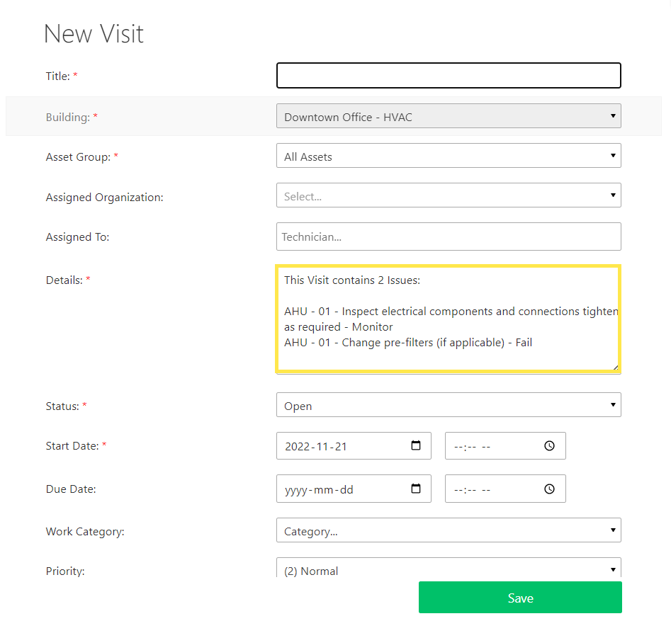 A New Visit form will open with the title of each Issue being added in the Details field. Fill in the…