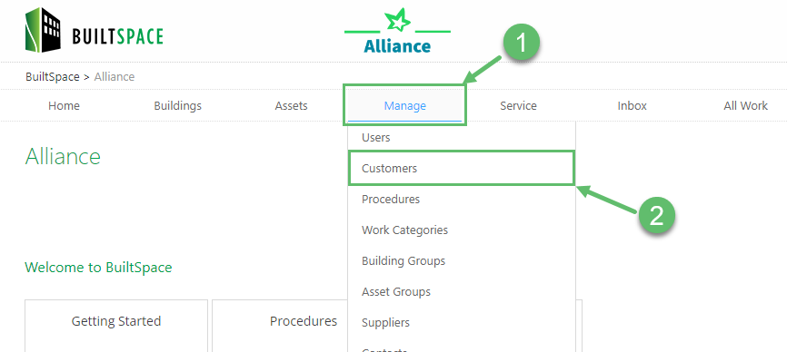 Hover over the Manage tab near the top of the page and click on Customers.