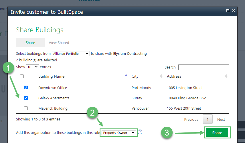 Search and select the Buildings that you want to share, then select the Role (each role explained in detail…