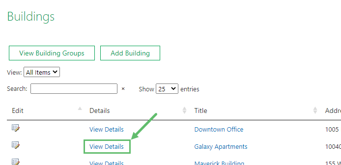 Go to the Buildings page and locate the building you want to add Spaces to. Then click View Details.