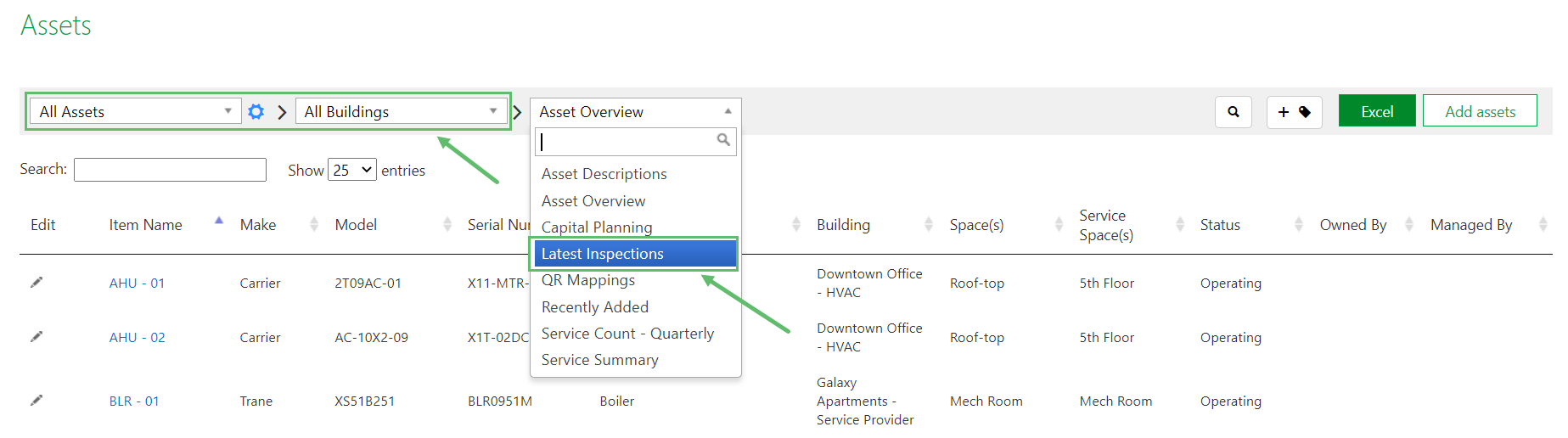 Select the Asset Group, Building and Latest Inspections.