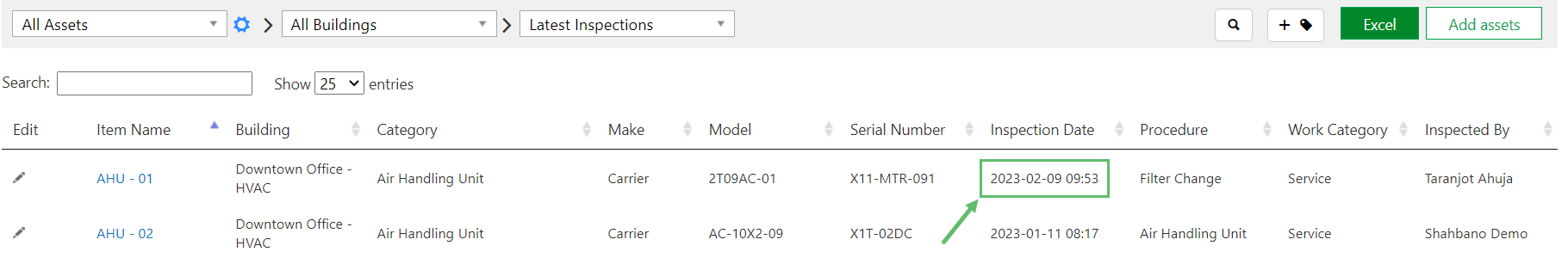 The Inspection Date column will show the date and time of the most recent inspection for that Asset.