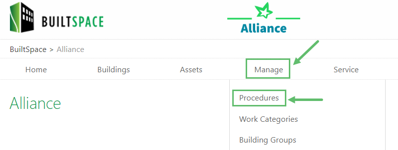 Hover over the Manage tab and click on Procedures.