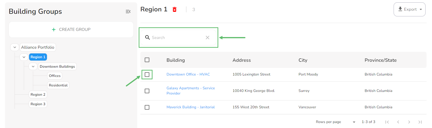 Search and select one or more buildings.