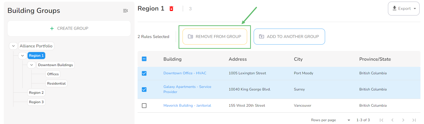 After selecting the Building(s) you want to remove from the group, click on Remove from Group.