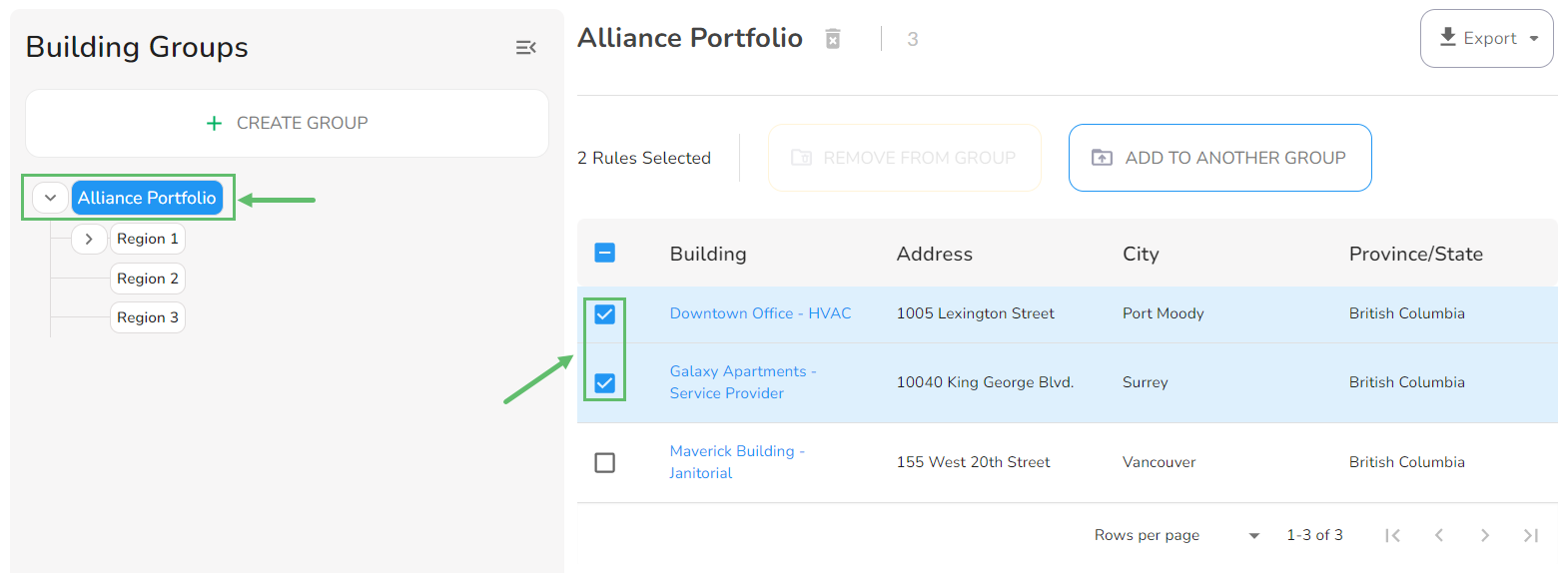 From the Organization Portfolio (or from any Building Group), select one or more Buildings that you would…