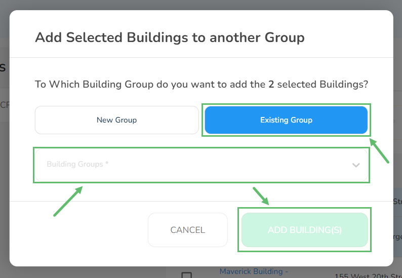Select the existing group from the list and click on Add Building(s) when done.