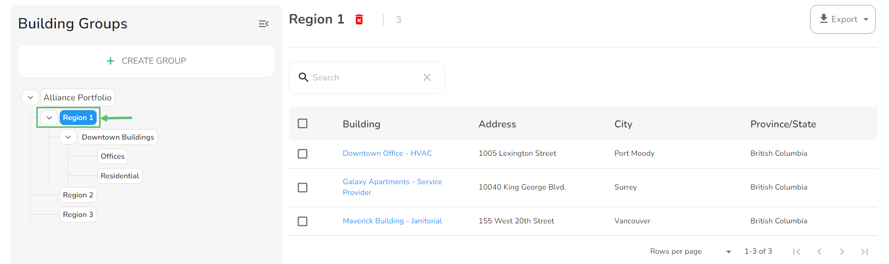 From the Buildings page, select the group you want to export from the left panel. In the screenshot below, we…