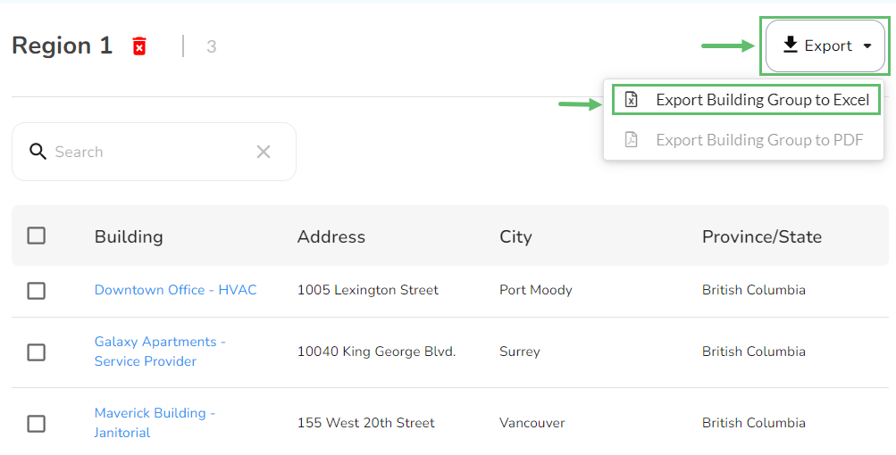 Click on the Export in the top-right corner and select Export Building Group to Excel.