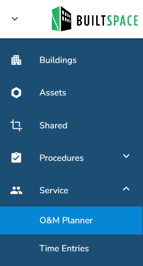 The O&amp;M Planner can be accessed from under Service in the left-hand navigation panel.