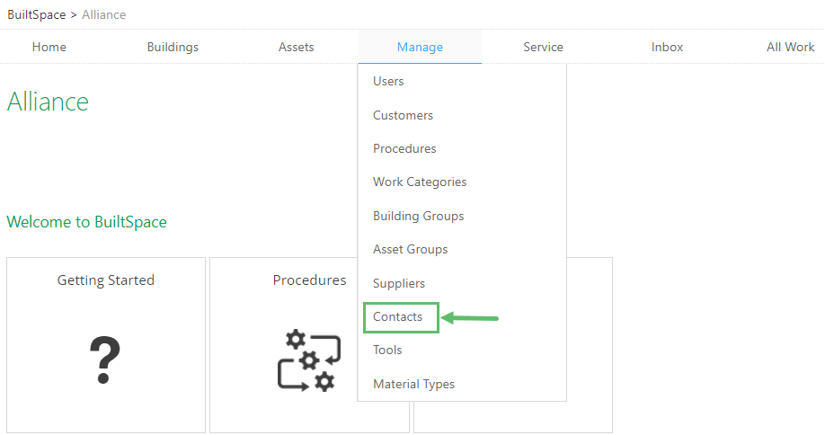Hover over the Manage tab near the top of the page and click on Contacts.