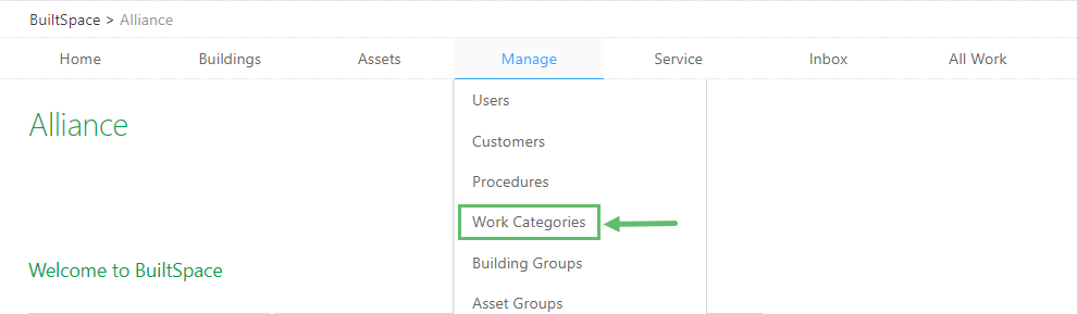 Hover over to the Manage tab near the top of the page and click on Work Categories.