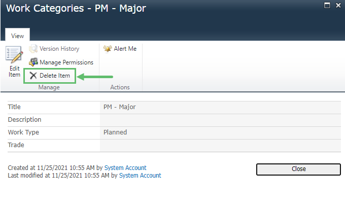 Click on Delete Item on the top left.