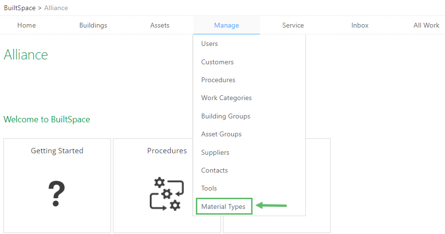 Hover over the Manage tab and click on Material Types.