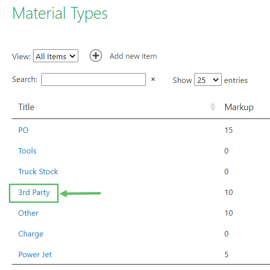To edit or delete the Material Types, click the Material Type under Title.