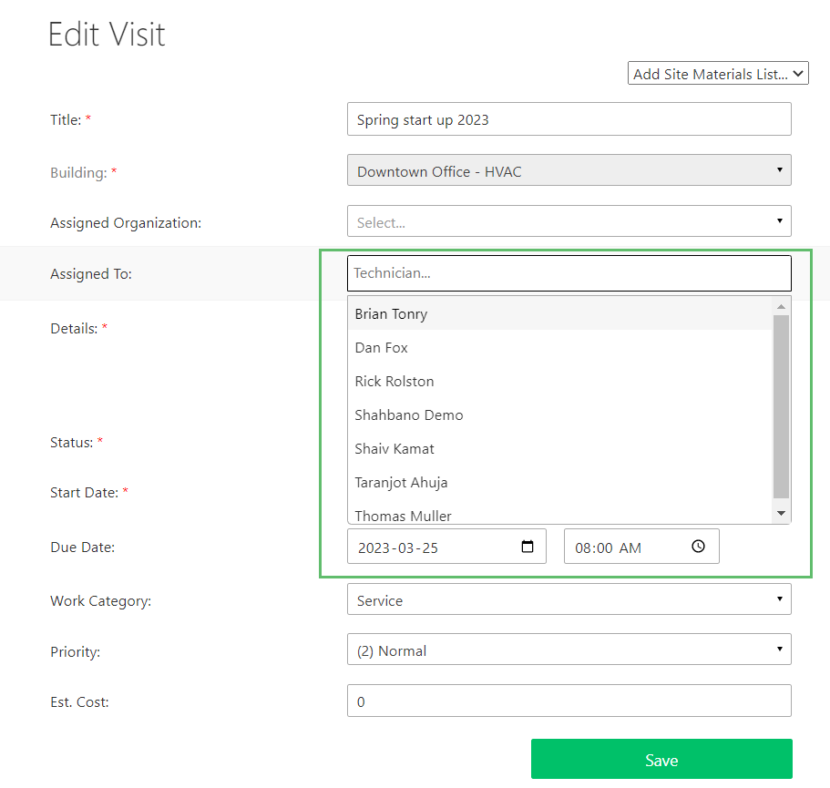 On the Visit edit pop-up, click on the Assigned To field to view the list of the technicians.