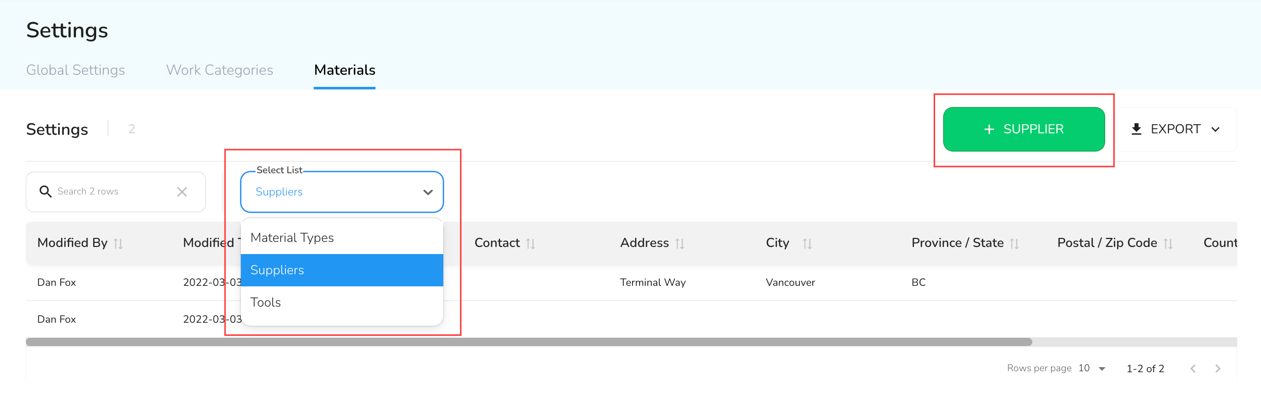 Navigate to the Supplier page: To view the Supplier page, click on the Select List dropdown on the Materials…